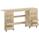 Tavolo Cucito Pieghevole 160x40x81,5 cm con Ruote 4 Contenitori 20 Perni e Ripiano in Truciolato Quercia      