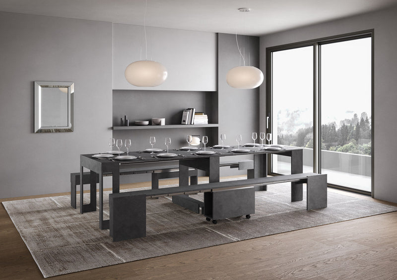 Consolle Tavolo Allungabile 90-302x42x75 cm Evolve Antracite Spatolato con Panca Inferiore e Superiore