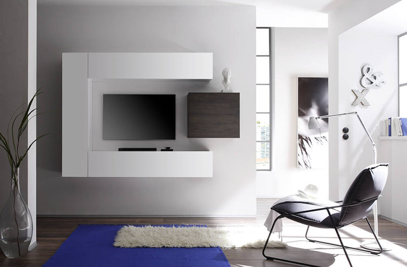 Parete Attrezzata Mobili Salotto 3 Mobili Sospesi 169x196x31cm TFT  Cube Bianco Lucido e Quercia Wengè