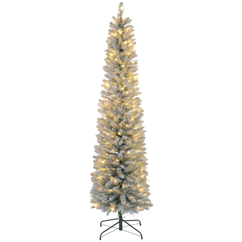 Albero di Natale Innevato Slim 210 cm con 405 Rami e 180 Luci LED Bianco Caldo in Plastica e Metallo Bianco      