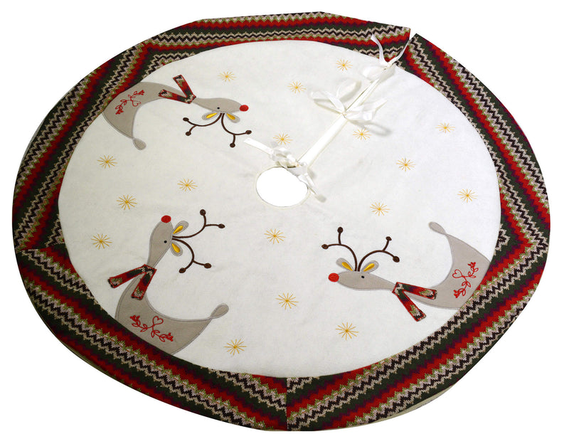 Copribase Albero di Natale Ø105 cm in Tessuto Bianco con Renna