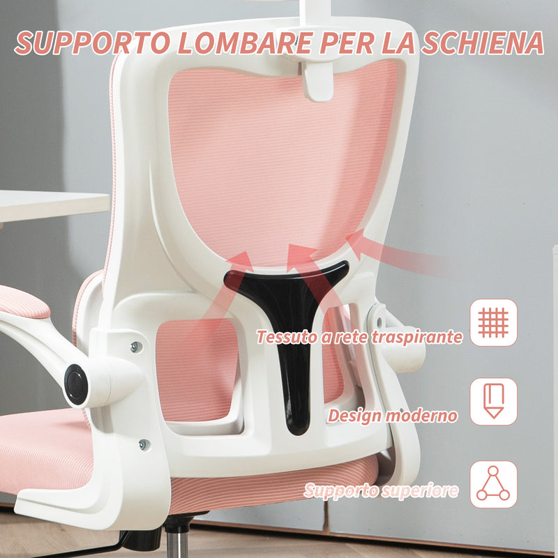 Sedia Ergonomica da Ufficio Girevole 60x59x114-122 cm con Poggiatesta Rimovibile in Tessuto a Rete Rosa  