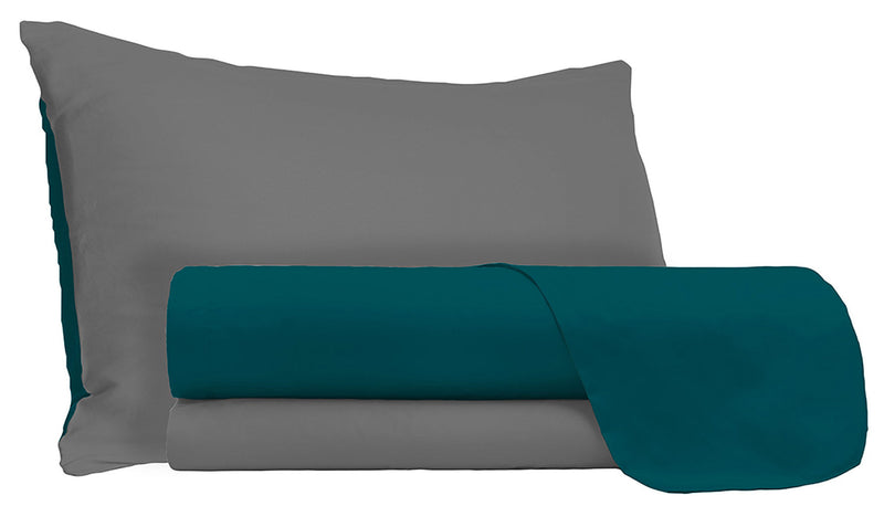 Set Lenzuola Sopra Sotto e Federe Doubleface Verde Petrolio\/Fumo Varie Misure