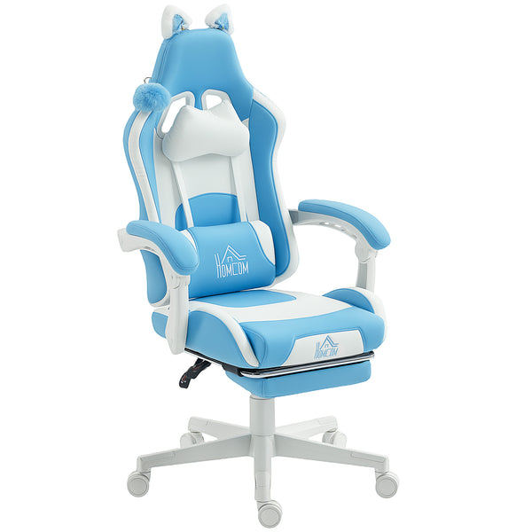 Sedia da Gaming Reclinabile 65x62x116-124 cm con Poggiapiedi e Cuscini in Finta Pelle e Spugna Bianco e Azzurro online