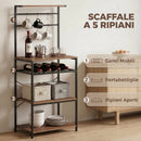 Scaffale Cucina a 5 Livelli Stile Industriale 59x40x143,5 cm con 6 Ganci e Portabottiglie in Truciolare e Metallo Noce      