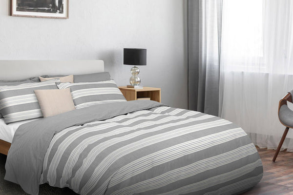 online Bettbezug mit Kissenbezug, bedruckt in reiner Baumwolle, Cober, grau gestreift, verschiedene Größen