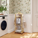 Indossatore Servomuto 4 in 1 a Rotelle 47x33,7x105,5 cm con 2 Aste Vassoio Svuota Tasche e Ripiano per Scarpe in Bambù      