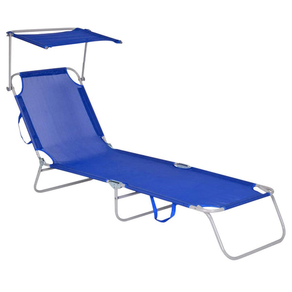 sconto Kinderbett aus Textilene mit verstellbarer Rückenlehne und blauem Sonnenschirm