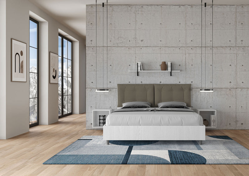 Letto Matrimoniale con Alzata Comoda Struttura Bianco Frassico con Cuscini in Similpelle Annalisa Cappuccino Varie Misure