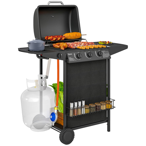 Barbecue a Gas con 4 Bruciatori Indipendenti 108x54x97 cm Coperchio con Termometro Nero acquista