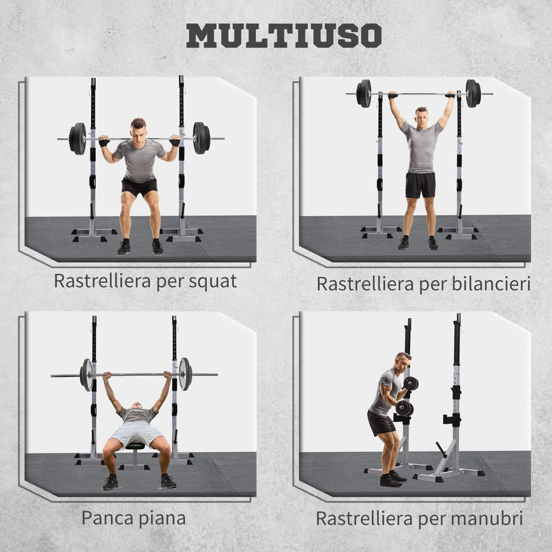 Set 2 Supporti per Bilanciere con 3 Ganci Altezza Regolabile e Portata 200kg in Acciaio    