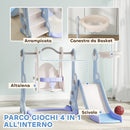 Scivolo per Bambini 4 in 1 con Altalena Canestro Arrampicata 147,5x160x107 cm Azzurro Chiaro  
