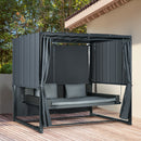 Dondolo Lettino con Pergola da Giardino 235x180x210 cm in Acciaio e Rattan PE Grigio Scuro