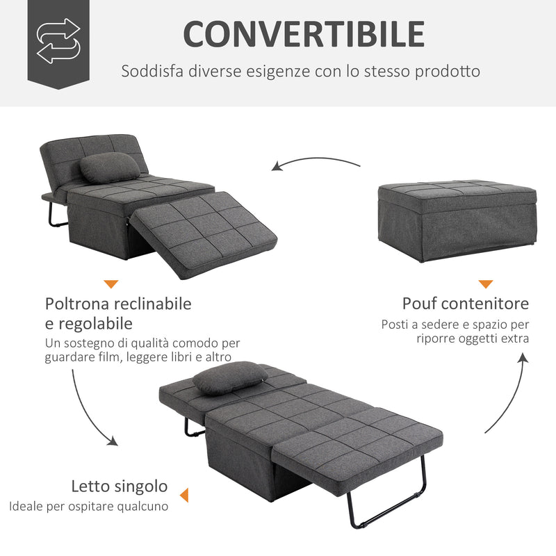 Pouf Letto Poltrona Schienale Reclinabile 95x179x78 cm in Tessuto Effetto Lino Grigio  