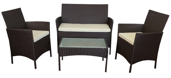 sconto Gartengarnitur Sofa 2 Sessel und Couchtisch aus braunem und elfenbeinfarbenem Soriani Polyrattan