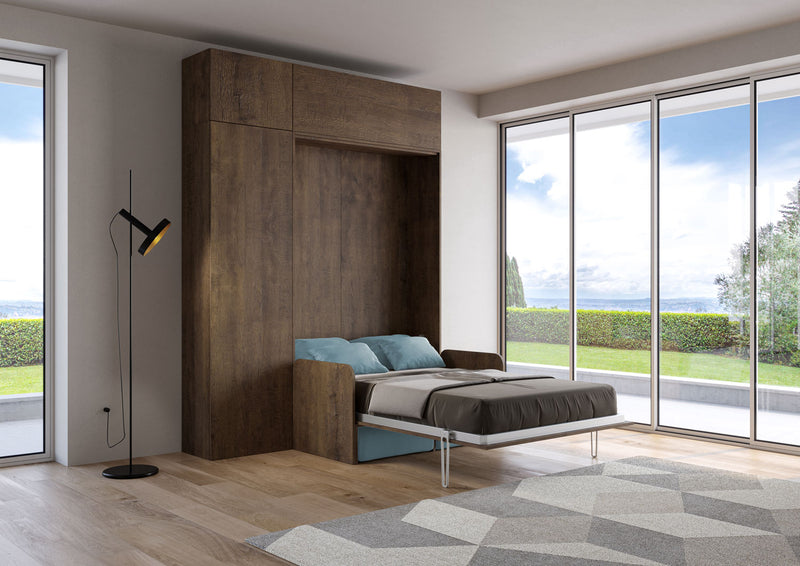 Letto Una Piazza E Mezzo A Scomparsa 120 Kentaro Con Divano E Mobili Noce e Azzurro      