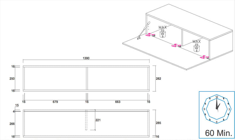 Mobile Sospeso Orizzontale Rettangolare da Salotto 29x139x31cm TFT  Cube Miele