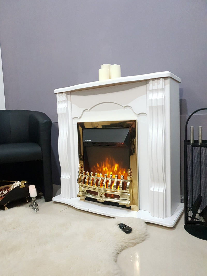 Camino Elettrico da Pavimento 88,3x95x30 cm Effetto Fiamma 2000W Classic & Galileo Gold Bianco