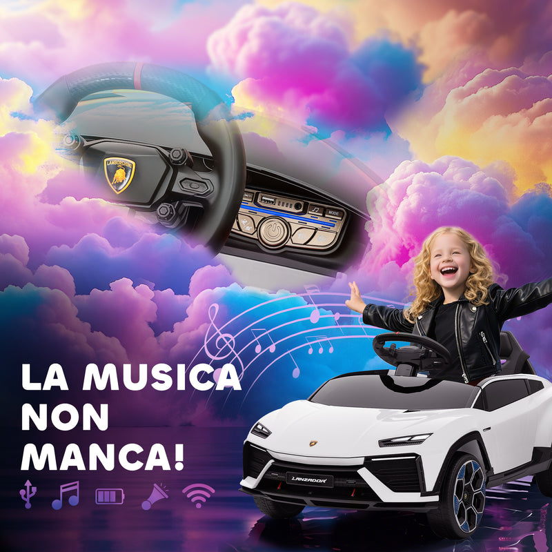 Macchina Elettrica per Bambini 101.5x49x43 cm Licenza Lamborghini 12V con Luci LED Clacson e Telecomando Bianca      