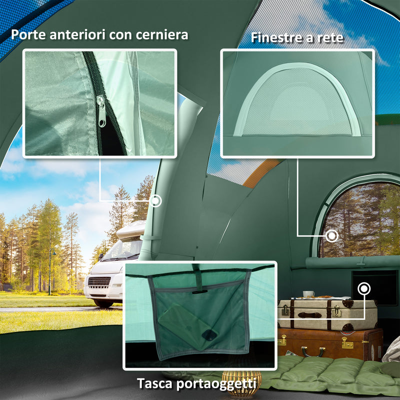 Tenda da Campeggio Idrorepellente 455x230x180 cm 6 Posti con Protezione UV e Pali in Fibra di Vetro Verde  