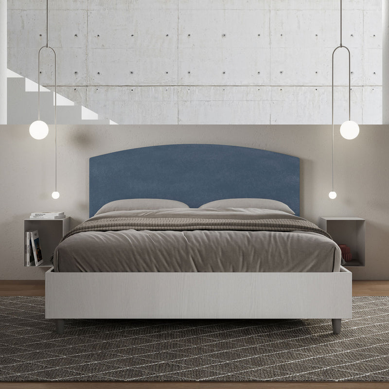 Letto Matrimoniale con Rete e Contenitore Alzata Comoda Struttura Bianco Frassico e Testata in Microfibra Antilia Blu Varie Misure