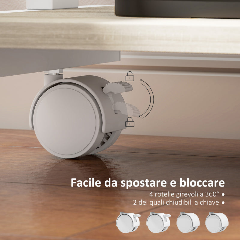 Scrivania Moderna Salvaspazio 56x51x79 cm con Cassetto Scorrevole e Ruote in Legno Ingegnerizzato e Metallo Bianco e Rovere  