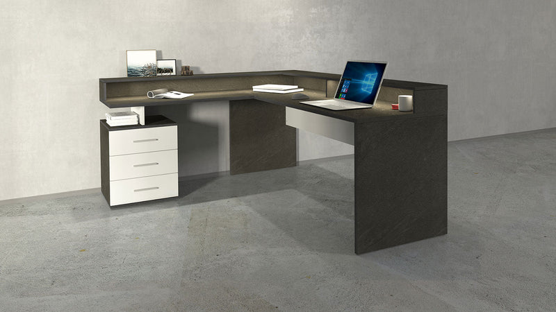 Scrivania Angolare 3 Cassetti e Ripiani a Giorno 180/160x60x90 cm New Selina Bianco Lucido/Report Grigio  