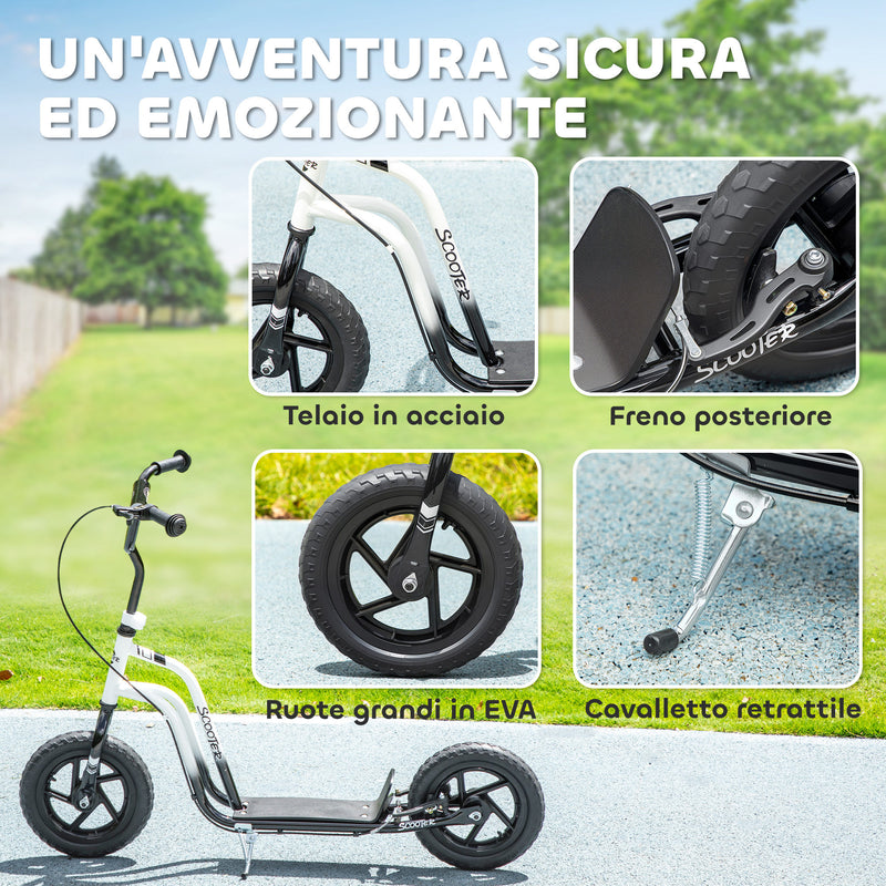 Monopattino per Bambini 5-12 Anni 129x52x80-88 cm Supporta fino a 50 Kg Telaio in Acciaio Bianco e Nero  