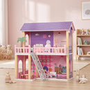 Casa delle Bambole per Bambini 3-6 Anni 64x40x69 cm a 2 Piani con 11 Mobili e 2 Bambole in MDF e Legno di Pino Rosa      