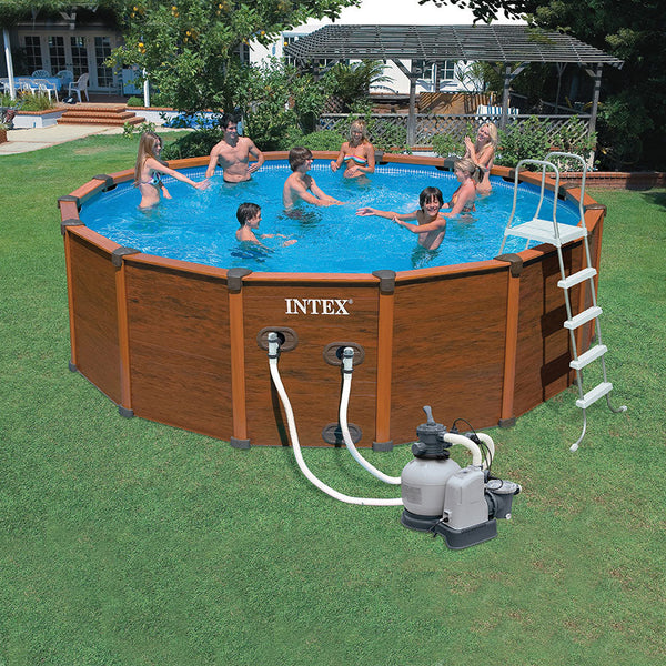 Runder oberirdischer Pool H135 x 569 cm mit Leiterpumpe und Rahmenabdeckungen aus Intex-Holzmaserung prezzo