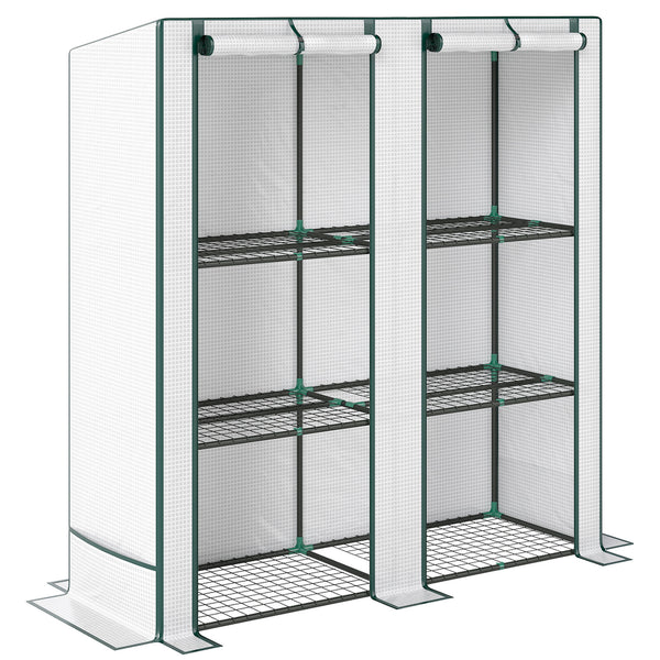 acquista Serra da Giardino 144x48x142-152 cm con 2 Porte Avvolgibili 3 Ripiani e Tasche Laterali in PE Bianco e Verde