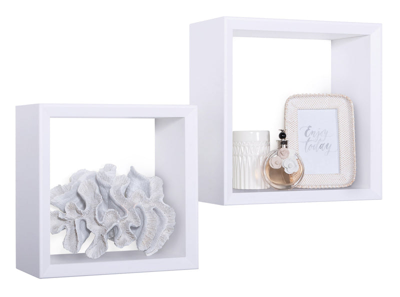 Set 2 Mensole Cubo da Parete Quadrato in Fibra di Legno Ginevra Bianco