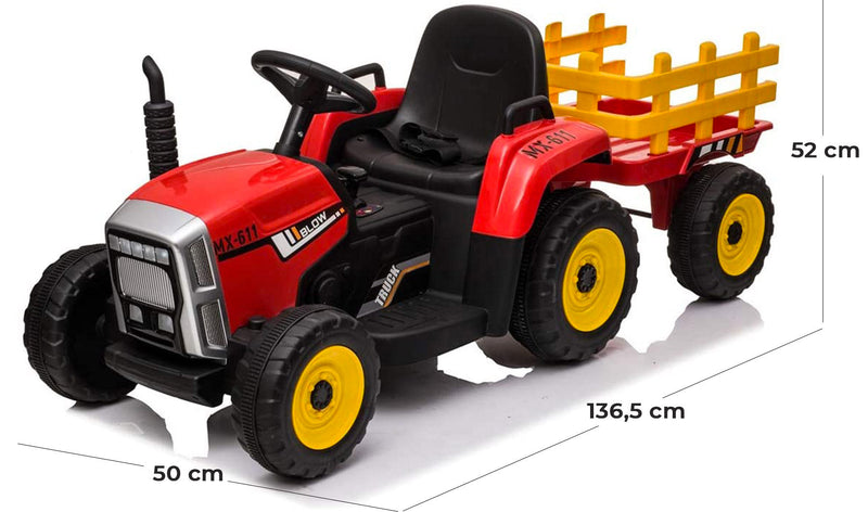 Trattore Elettrico per Bambini 12V con Rimorchio Rosso