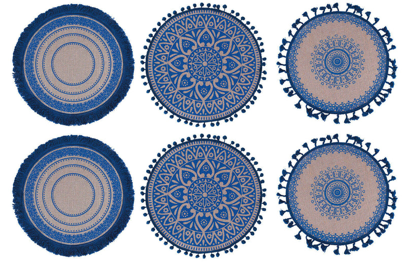 Set 6 Tovagliette Ø38 cm  in Juta VdE Tivoli 1996 Blue Blu e Beige