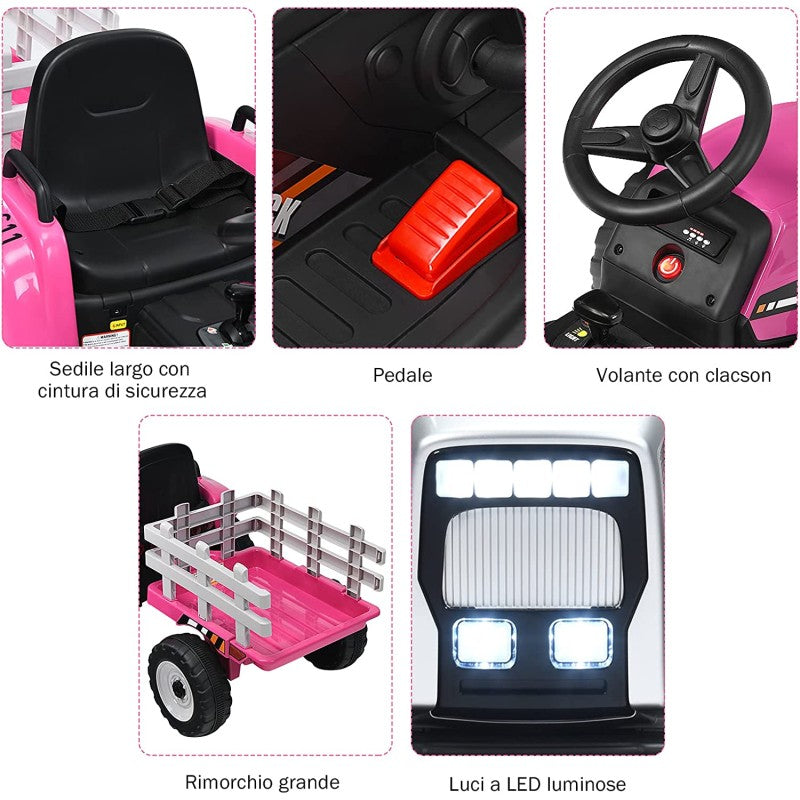 Trattore Elettrico per Bambini 12V con Rimorchio Rosa