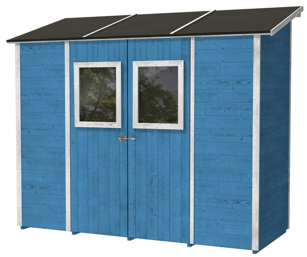 sconto Gartenbox aus Holz für Werkzeuge 245 x 102 x 224 cm mit 2 Türen und Fenstern Ecla Azzurra