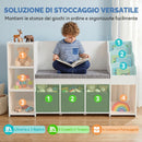Scaffale Portagiochi per Bambini 3-8 Anni 137x40x80 cm con Libreria a 3 Livelli e Panca con Cuscino in MDF e Tessuto Bianco      