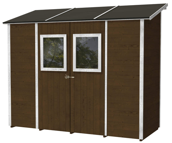 sconto Gartenbox aus Holz für Werkzeuge 245 x 102 x 224 cm mit 2 Türen und Fenstern Ecla Nussbaum