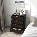 Cassettiera da 4 Cassetti Design Canettato 60x40x96 cm con Maniglie Dorate e Dispositivo Antiribaltamento in MDF Nero      