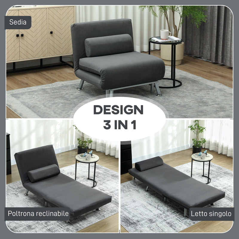 Poltrona Letto Singolo 3 in 1 75x70x75 cm in Tessuto Effetto Lino Grigio Scuro   