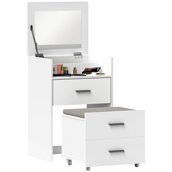 prezzo Consolle Trucco 50x40x113,5 cm con Specchio Ribaltabile 2 Cassetti e Sgabello a Scomparsa in Legno Bianco