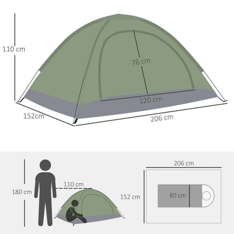Tenda da Campeggio 2 Posti  206x152x110 cm con Porta a Cerniera Zanzariera e Finestre a Rete Verde