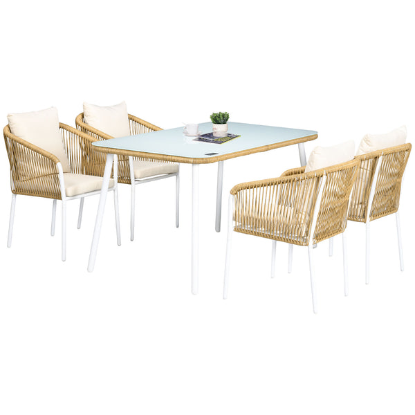 online Set Tavolo con Top in Vetro 4 Sedie Impilabili da Giardino in Rattan PE e Alluminio Giallo