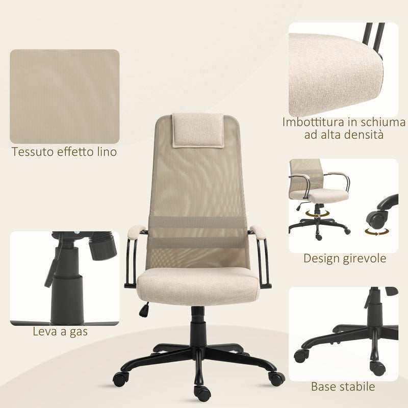Sedia da Ufficio Ergonomica Girevole con Reclinazione Altezza Regolabile 58x61x115-125 cm Beige  