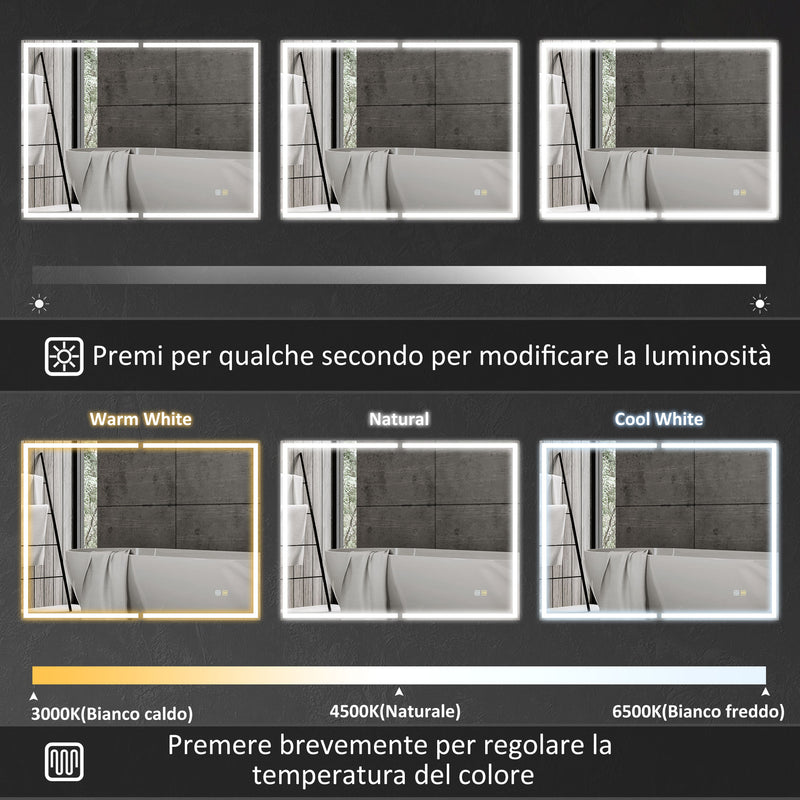 Armadietto a Specchio da Bagno 80x12,8x60 cm Illuminato a LED 3 Tonalità in Vetro e Alluminio Nero  