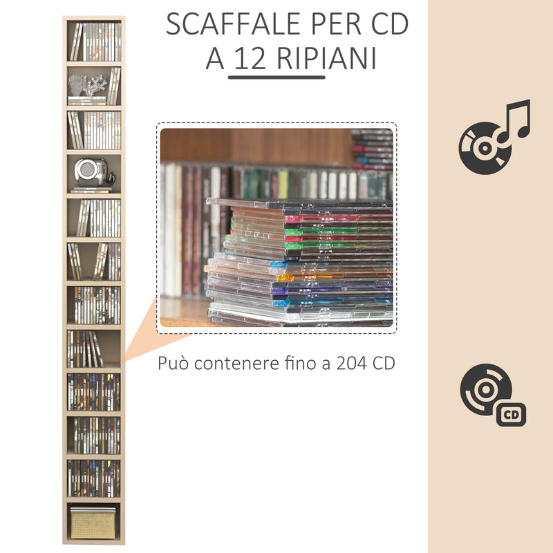 Mobile Libreria Porta CD a 12 Ripiani per 204 CD 21x20x175 cm in MDF e Truciolato Naturale