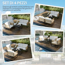 Set 4 Pezzi da Esterno Divanetto 2 Poltrone e Tavolino Basso con Piano in Vetro in Rattan Bianco Crema   