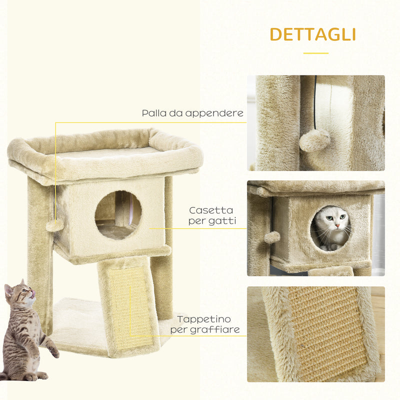 Albero Tiragraffi per Gatti con Casetta e Lettino 40x40x57 cm in Peluche e Juta Marrone