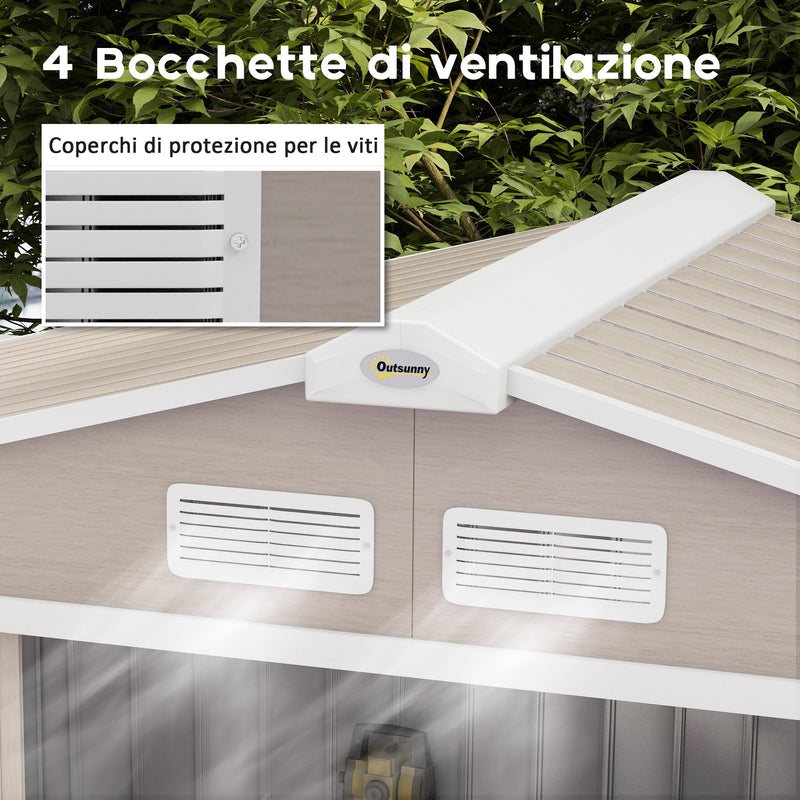 Casetta da Giardino con Prese d'Aria e Doppia Porta Scorrevole  210x130 cm in Metallo Marrone Chiaro 