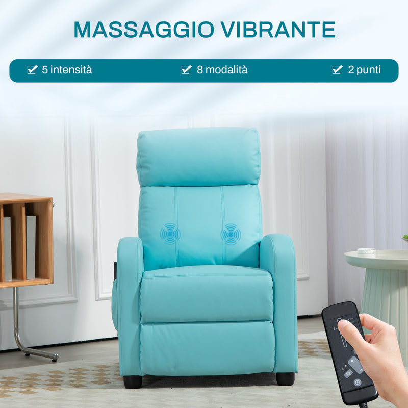 Poltrona Relax Massaggiante 68x88x98 cm con Telecomando e 8 Programmi Reclinazione e Poggiapiedi Azzurro 
